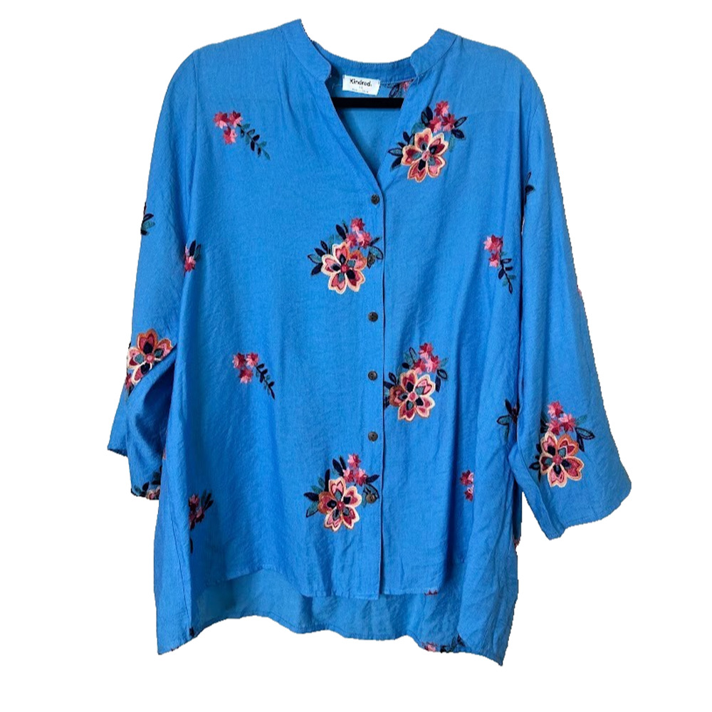 Kindred Womens Floral Embroidered‎ Button Up Shirt Top Size 1X Boho Blue Cottage